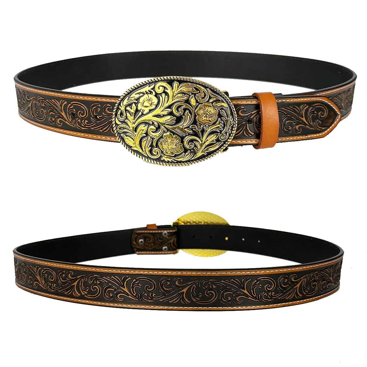 TOPACC Western Genuine Leather Pattern Tooled Belt-Oval Black Gold Pattern Buckle