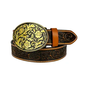 TOPACC Western Genuine Leather Pattern Tooled Belt-Oval Black Gold Pattern Buckle