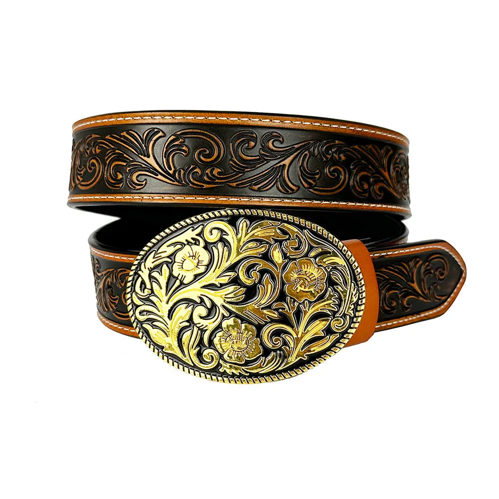 TOPACC Western Genuine Leather Pattern Tooled Belt-Oval Black Gold Pattern Buckle