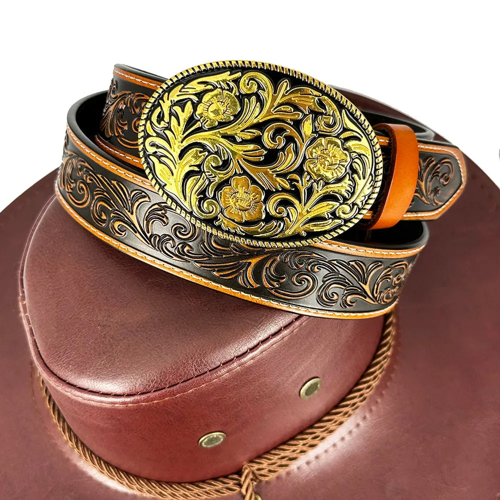 TOPACC Western Genuine Leather Pattern Tooled Belt-Oval Black Gold Pattern Buckle