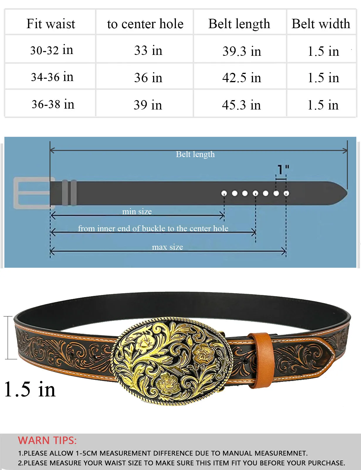 TOPACC Western Genuine Leather Pattern Tooled Belt-Oval Black Gold Pattern Buckle