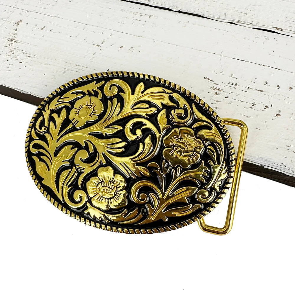 TOPACC Western Genuine Leather Pattern Tooled Belt-Oval Black Gold Pattern Buckle