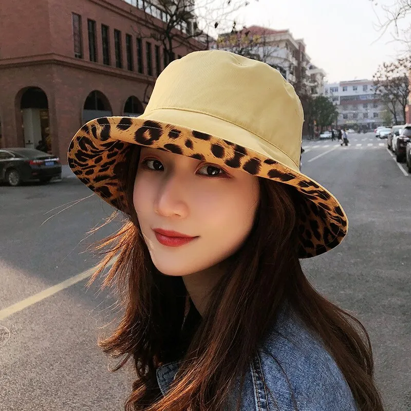 Two Side Leopard Black Bucket Hat For Women Men Reversible Panama Sun Hat Summer Ladies Beach Sun Protection Fisherman Hats