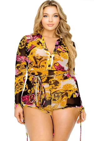 Voluptuous ( ) Plus gold & floral pattern print belted romper - Ships from The USA