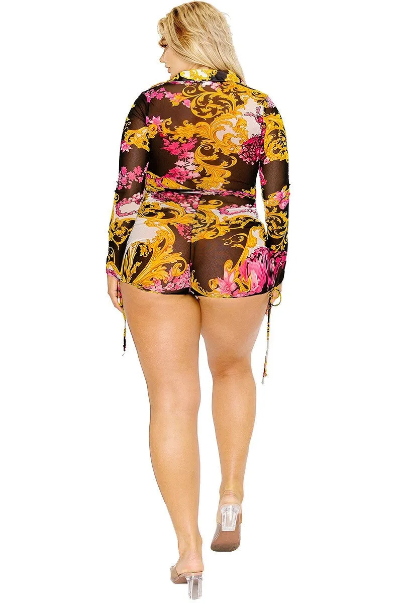 Voluptuous ( ) Plus gold & floral pattern print belted romper - Ships from The USA