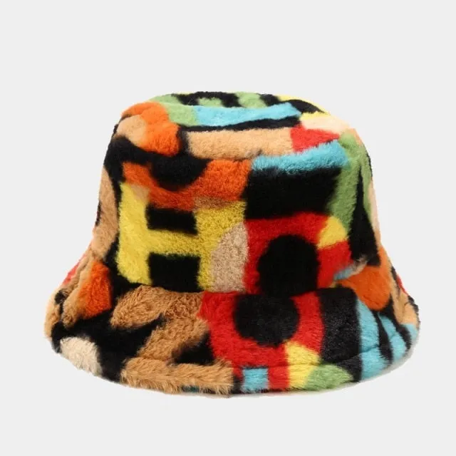 Winter Warm Hip Hop Bucket Hat Women Colorful Printing Streetwear Top