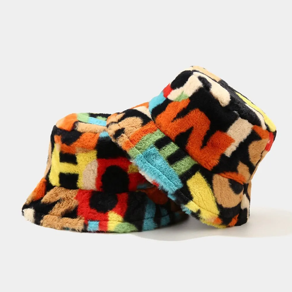 Winter Warm Hip Hop Bucket Hat Women Colorful Printing Streetwear Top