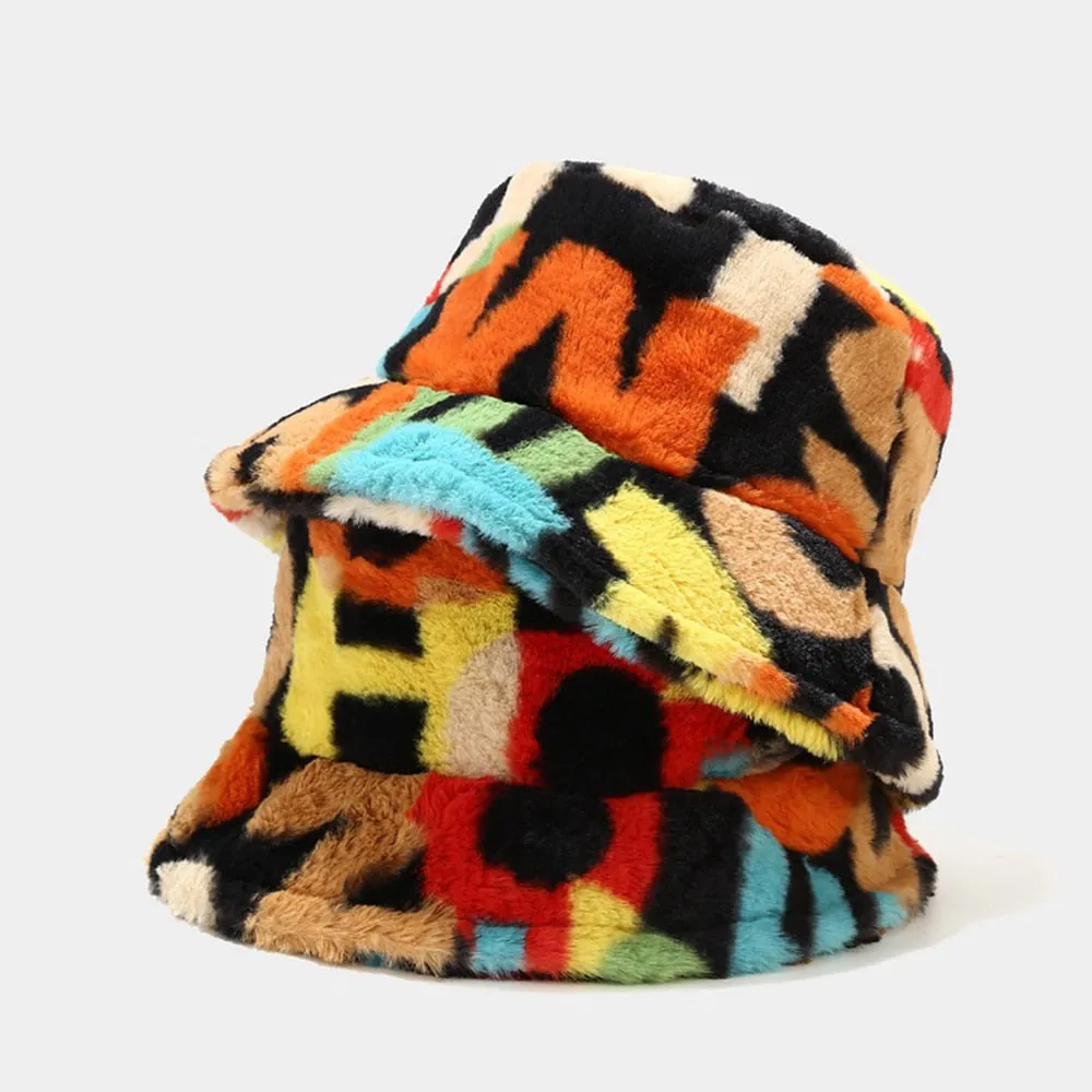 Winter Warm Hip Hop Bucket Hat Women Colorful Printing Streetwear Top