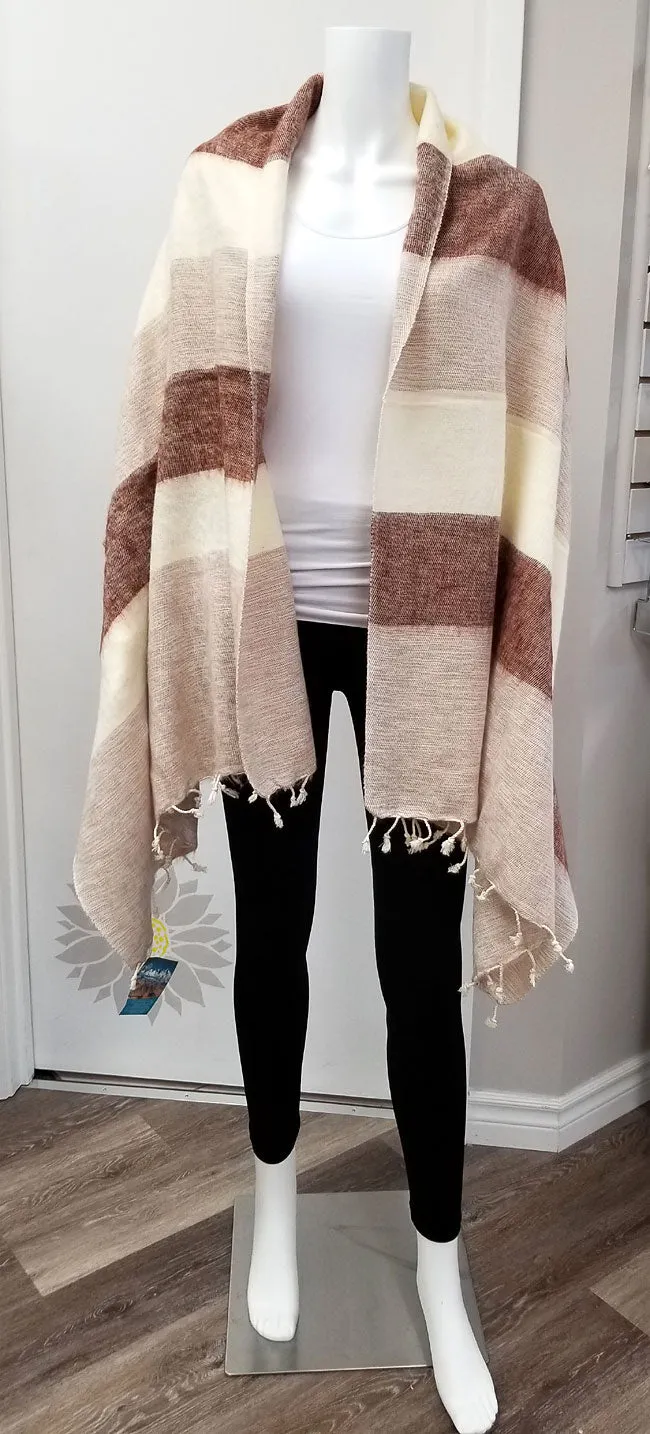 Yak Wool & Cotton Shawl ~ Neutral Stripes 3 (Beige/Brown/Ivory)